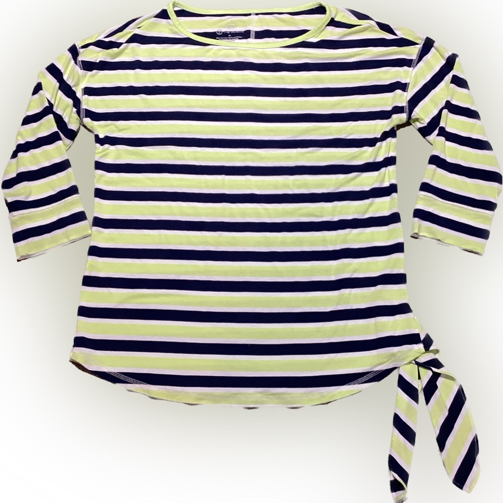T by Talbots Blouse Size M UPF 50 Protection Stripe 3/4 Sleeve T-Shirt Tie Bow